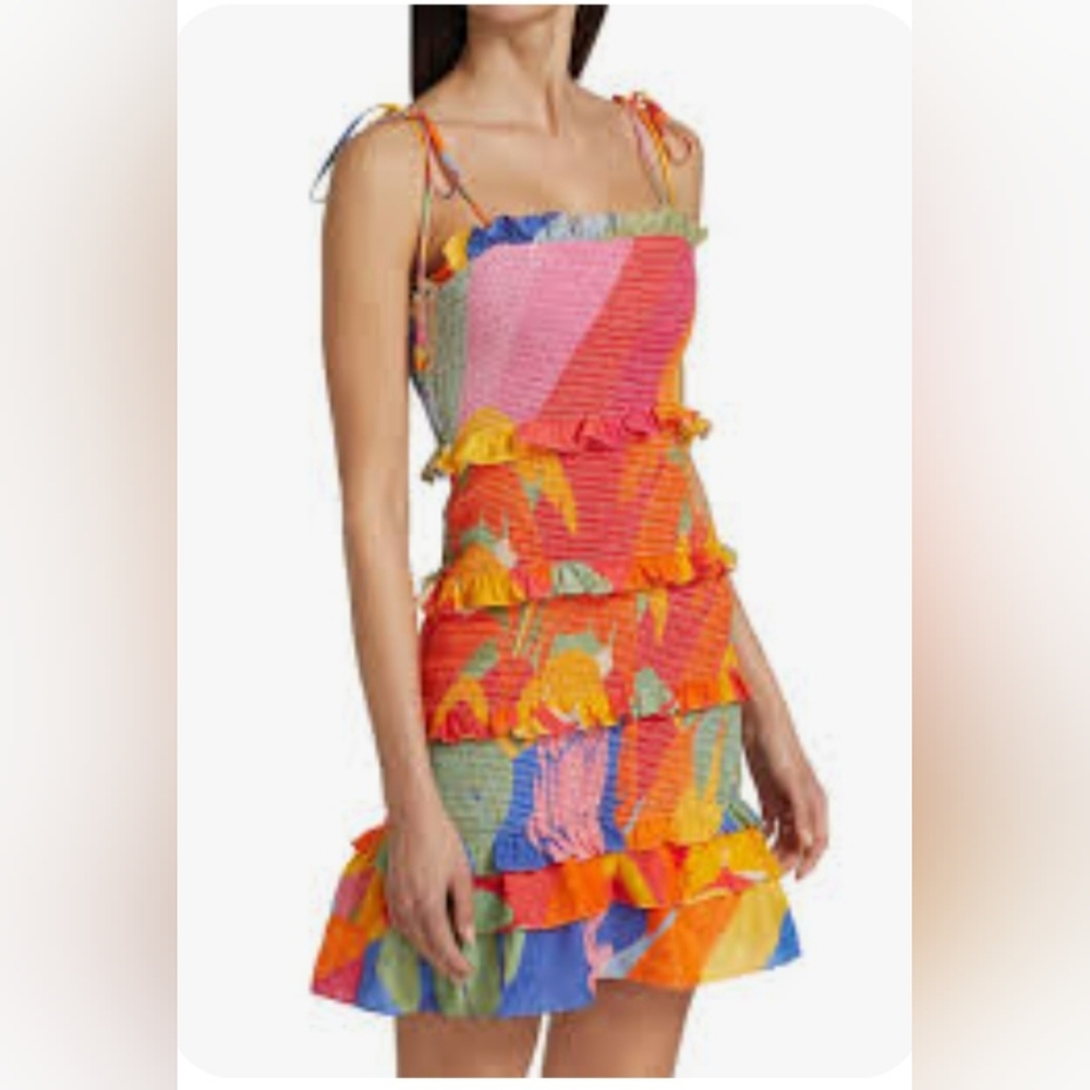 Farm Rio Anthropologie Tropical Sunset Smocked Tiered Colorful Ruffle Mini Dress